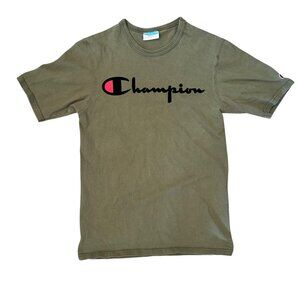 Vintage Champion Olive Green Flocked Velvet Spellout Tee S